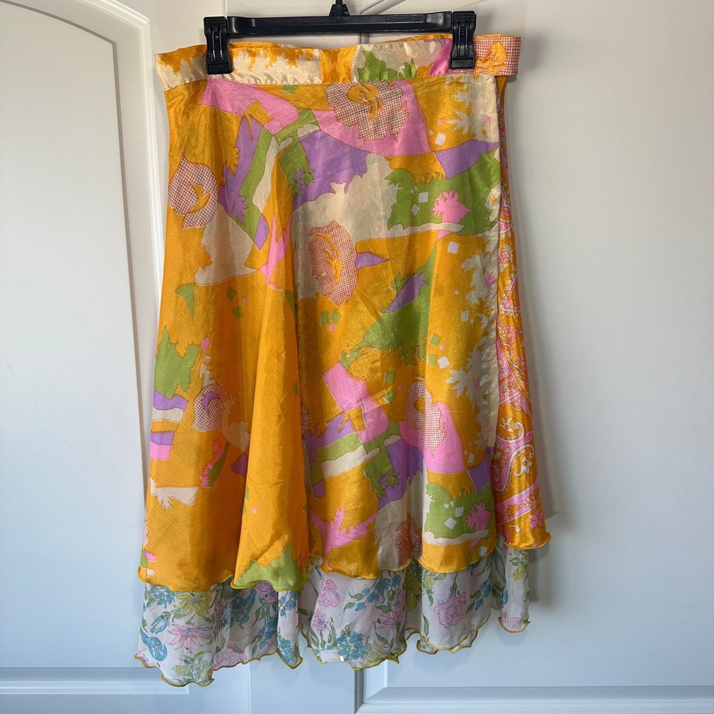 Floral‎ Wrap Skirt Bohemian Reversible Colorful Print Tie Waist Flowy Medium